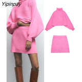 Yipinpay Elegant Pink 2 Piece Knitted Sweater Skirt Set 2023 Vintage Soft Turtleneck Batwing Sleeve Female Casual Skirt Lady Suit