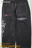 Yipinpay JNCO Jeans Y2k Hip Hop Cartoon Graphic Print Vintage Baggy Jeans Black Pants Men Women High Waist Wide Leg Trousers