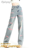 Yipinpay Waisted Straight Jeans For Y2k Women Streetwear Summer Korean Dongdaemun 2023 Femme Pants Baggy Blue Denim Trousers Vintage
