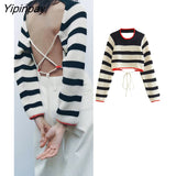 Yipinpay Fashion Women Striped Backless Knitted Sweater 2023 Bandage Long Sleeve O-neck Pullover Simple Causal Sexy Short Tops