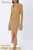 Yipinpay Autumn Winter Elegant Knit Rib Bodycon Dress Office Lady Long Sleeve Lapel Button down Midi Dress Party Casual Women Wear