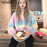 Yipinpay Winter Women Sweater V-neck Sweet Loose Knitted Cardigans Color Top Female Fashion Casual Pull Femme Hiver HOT