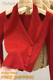 Yipinpay Sexy Retro V Neck Christmas Red Sweaters Irregular Hollowed Out Collarbone Hanging Neck Sweater Knitted Top Grunge Shirts