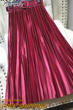 Yipinpay Spring Summer Women's Midi Pleated Skirts Belt Satin Vintage Elastic High Waist Plain Skirt Lining Korean A-line Skirt