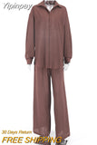 Yipinpay Brown Suits Womens Fashion Two Piece Set Female Office Pantsuits Solid Loose Long Shirt And Pants Female Set Pockets