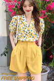 Yipinpay Summer Small Cute Sweet Floral Women's Shorts Sets Fashion Loose Bubble Short Puff Sleeve Shirt+wide Leg Shorts 2-piece Set 0406