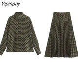 Yipinpay Elegant Geometric Print Skirt Sets 2023 Vintage Soft Long Sleeve Blouse Female Casual Folds A-line Skirt Lady Suit
