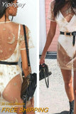 Yipinpay Mesh See Through Sexy Dress Womem Sundress Summer 2023 New Long Sleeve Lace Mini Dress Party Fits Beach Bikini Cover Up