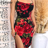 Yipinpay Women Chic Spaghetti Strap All Over Print Floral Swing Collar Silt Party Mini Dress