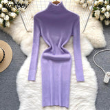 Yipinpay Full Sleeve Slim Knitted Pencil Dress Female Casual Pullover Turtleneck Sweater Bodycon Dress Ladies Autumn Winter