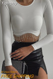 Yipinpay Rhinestone Tassel Crop Tops Women Autumn Slim Solid O Neck Female T-shirts Chic Elegant Long Sleeve Tees T-shirt Pullover