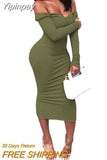 Yipinpay Winter Ribbed Knitted Cotton Dress Women Off Shoulder Long Sleeve Sexy Bodycon Dresses Elastic Slim Party Vestidos 2023