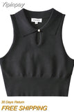 Yipinpay Women Knit Vest Crop Tops Sleeveless Turn-down Collar Hollowed Solid Slim Fit Summer Club Party Tanks Streetwear