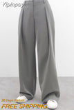 Yipinpay Classic Grey Pleated Pants Woman 2023 Vintage Outfit Spring Baggy Pants Office Trousers Pocket Wide Leg Pants Ladies
