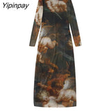 Yipinpay 2023 Women Tulle Printed Sheath Dresses Elegant O-Neck Folds Sexy Party Vestidos Fashion Long Sleeve Mid-Calf Dresses