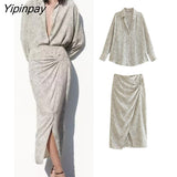 Yipinpay Summer Women Printed Skirt Set Long Sleeve Turn Down Collar ShirtHigh Waist Straight Elastic Pleated Skirts Casual Outwear