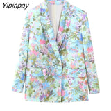 Yipinpay Women Spring Summer Thin Print Blazer Suits Sets 2023 Fashion Silk Satin Double Breasted Jacket Casual Wide Leg Pants