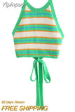 Yipinpay Women Sexy Backless Vest, Stripe Pattern Halter Neck Sleeveless Crop Tops, Blue/ Green