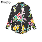 Yipinpay Fashion Women Floral Print Blouses 2023 Casual Turn Down Collar Loose Tops Vintage Single Breasted Long Sleeve T-Shirts