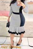 Yipinpay Women Elegant Chic Polka Dot Patchwork Round Neck Wrist Mermaid Bodycon Midi Working Dress