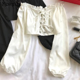 Yipinpay Womens Off Shoulder Top Long Sleeve Ruffle Vintage Blouse with Puff Sleeves Lace Up Ladies Tops Bandage Crop Tops