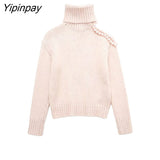 Yipinpay Autumn Winter Turtleneck Knitted Sweater 2023 Fashion Pearl Shoulder Pullover Tops Long Sleeve Casual Streetwear