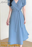 yipinpay Chic Elegant Dresses for Women Lace-up Korean Fashion V-neck High Waist Midi Dress Ladies Casual Short Sleeve Vestidos