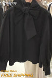 Yipinpay Shirt Women Femininas Blusas Mujer Style Temperament Bow Tie Loose Slim Long Sleeve Shirt Tops Retro Black Shirts