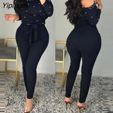 Yipinpay Women Elegant Off Shoulder Beading Long Sleeves Jumpsuit with Belt