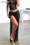 Yipinpay Sexy Womens Summer Skirt 2Pcs Suit Sheer Jacquard Cap Sleeve Cropped Tops + Low Waist High Slit Long Skirt Hot S M L