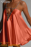 Yipinpay Womens Casual Chain Suspender Short Dress Fashion Solid Color Hollow V-Neck A-Line Dress Party Club Street Style S-XL