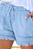 Yipinpay Women's Washed Denim Shorts, Casual Drawstring Elastic Waist Frayed Hem Loose Short Jeans