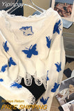 Yipinpay Y2K Korean Knitted Sweater Women Graphic Butterfly Fashion Hotsweet Short Jumper Harajuku Loose Casual Wave Cut Tops