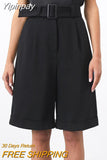 Yipinpay Office Ladies Black Classy Shorts Elegant High Waisted Pleated Hot Pant With Belt Summer Women Wide Leg Shorts 2023