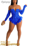 Yipinpay Women Sexy Sequined Hem Feather Bodysuits Spice Girls Off Shoulder Long Sleeve Skinny Playsuit 2023 Hot Club Party Dresswear