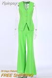 Yipinpay Ladies Office 2 Pieces Womens Suits Vest Top And Wide Leg Pants Outfits Cotton Linen Spring Fashion 2023 Green Sets