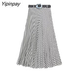 Yipinpay Elegant Geometric Print Skirt Sets 2023 Vintage Soft Long Sleeve Blouse Female Casual Folds Skirt With Belt Lady Suit