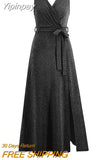 Yipinpay Summer Sleeveless V-neck Large Size Slim Temperament Shiny Dress Banquet Party Slit Long Dress