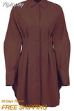 Yipinpay Spring Summer Bodycon Dress Women Khaki Long Sleeve Pleated Shirt Dress Office Ladies Solid Lapel Casual Mini Dresss