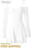 Yipinpay Womens Summer Short Skinny Flare Long Sleeve Deep V Neck See-through Cold Shoulder Low Cut Sling Mini A-Line Dress
