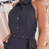 Yipinpay Women Halter Open Back Button Design Sleeveless Romper Casual Romper with Belt