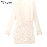 Yipinpay 2023 Summer Women Pleated Dresses Fashion Sheath O-neck Mini Dresses Long Sleeve Sheath Folds Vestidos Two Colors
