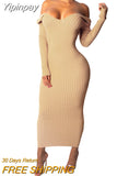 Yipinpay Winter Ribbed Knitted Cotton Dress Women Off Shoulder Long Sleeve Sexy Bodycon Dresses Elastic Slim Party Vestidos 2023
