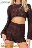 yipinpay Shorts Women Two Piece Set Tracksuit Casual Y2K Striped Knitted Summer T Shirt Tops And Shorts Mini Outfits Set 2023