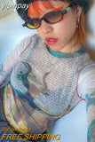 yipinpay Mesh Top Women Streetwear Long Sleeve Graphic Tee See Through O Neck Tops Slim Anime T-shirt Sexy Crop Top Women Clothing