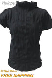 Yipinpay Vintage Slim Crop Tops High Neck Flying Sleeve Short Sleeve T-shirts Y2k Tee Clothes Black Tshirt Korean Pleated Shirts