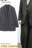 Yipinpay Striped Long Blazer Women Grey Fashion Woman Blazer 2023 Casual Long Sleeve Elegant Womens Jackets Office Female Suit