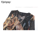 Yipinpay Newest Spring Summer Printed Tulle Dresses 2023 Vintage Elegant Long Sleeve O-neck Party Dress Sheath Mid-Calf Vestidos