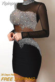Yipinpay Women Elegant Rhinestone Decor Sheer Mesh Bodycon Dress
