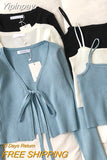 Yipinpay Casual Fashion 2 Piece Set Women Solid V-neck Long Sleeve Lace Up Short Knitted Cardigan Camis Knitwear Elegant Tops